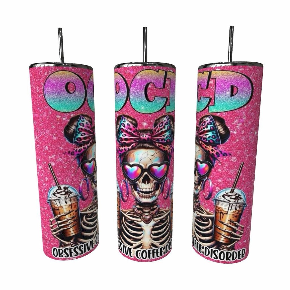 Pink OCD Obsessive Coffee Disorder Faux Glitter Tumbler